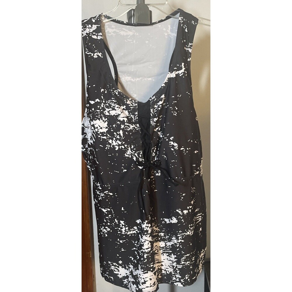 Plus Size 3X Tankini Top Print Black White Paint Splatter Lace up NWOT